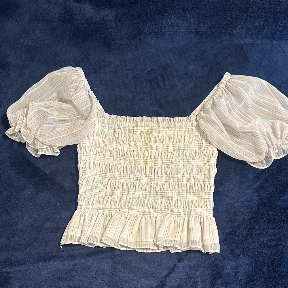 Wayf Cream Smocked Blouse with Puff Sleeves